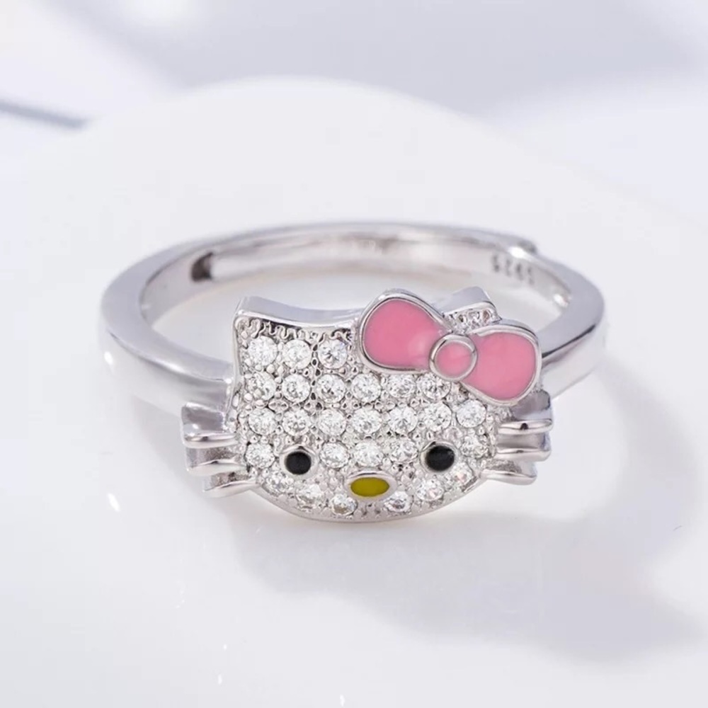 Hello kitty ring pink bow women stone silver adjustable